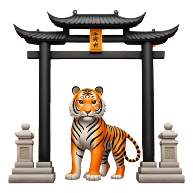 Traditional Chinese ink painting style emoji. A powerful tiger (like the ancient character 虎), standing guard in front of mystical gates (門). Energy swirls around him like a vortex (🌀). Minimalist, transparent background, 512x512 pixels. sticker