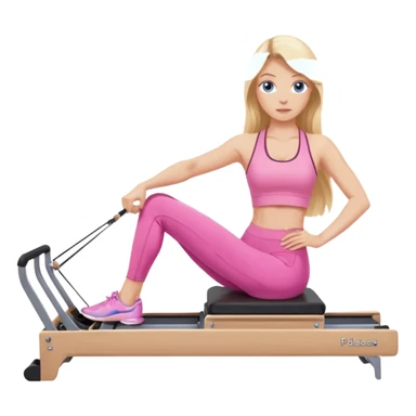  long blown out blonde hair woman blue eyes wearing pink workout set doing pilates reformer sticker