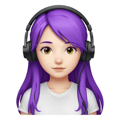 Gamer Girl with black Headset + long Purple Hair, white T-shirt sticker