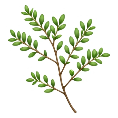 Cinematic Realistic Thyme Emoji, Compact and earthy, with tiny green leaves densely packed on delicate stems. The soft fragrance of the leaves fills the air, creating an atmosphere of warmth and subtle richness. Soft glowing outline, capturing the essence of simplicity and natural healing in a sprig of thyme! sticker
