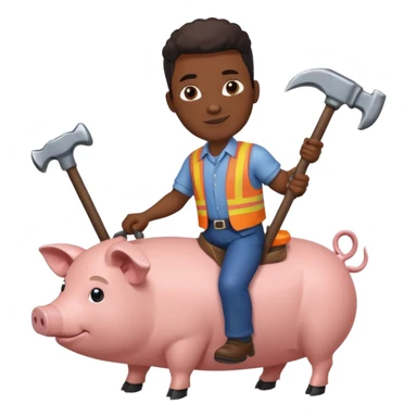 Black man holding a large hammer while riding a pig sticker