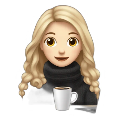 eyes closed smiling woman with pale skin brown long straight hair peeking from behind a laptop holding a large coffee mug wearing a black woolly shirt and a black woolly scarf sticker