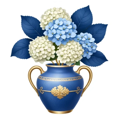 chinoiserie vase white gold handle, with white hydrangeas stem and blue hydrangeas stems sticker