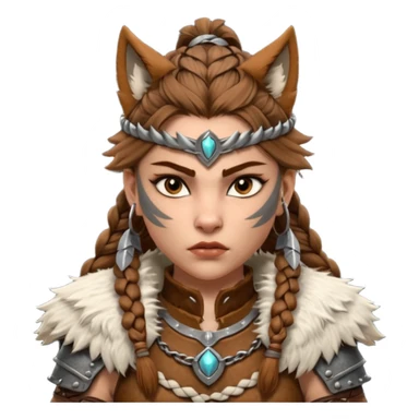 barbarian woman wolf rider portrait, head and shoulders only, fierce female warrior, fur-lined barbarian armor collar, wolf fur details, wild braided hair, intense eyes, tribal warrior vibe, fantasy style, 3D cartoon, mobile game icon style, clean background, no text, no watermark
 sticker