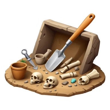 An icon featuring an excavation site with a trowel and ancient artifacts, like pottery and bones, scattered around. The design includes a partially uncovered fossil and a digging brush, symbolizing the discovery of history through archaeology. Transparent background  sticker