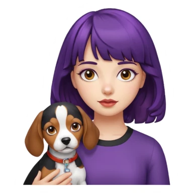 Girl with curly hair with purple and black hair and blunt bangs holding a beagle sticker