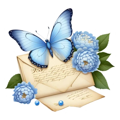 A delicate still life of a pale blue butterfly resting on an aged love letter, sealed with golden wax, accompanied by a bouquet of white peonies and soft blue hydrangeas, with pearl beads scattered nearby.
 sticker