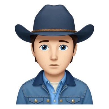 Jack Twist from Brokeback Mountain with blue eyes, dark brown hair, light blue shirt, navy blue jacket and cowboy hat sticker