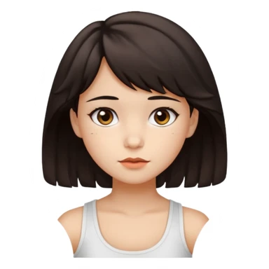 A pretty girl with dark brown eyes and short wavy dark hair with short side bangs and a neutral expression, with chinita skin and a white tank top(not sleeveless)emoji sticker
