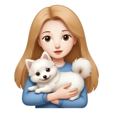 long light brown hair girl with pale skin holding one white Japanese spitz dog in her arms sticker