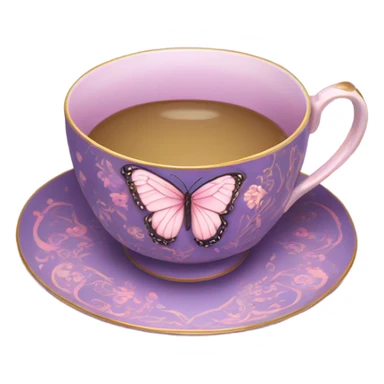 A delicate butterfly with pastel pink wings, resting on the edge of a purple porcelain teacup adorned with intricate violet floral patterns. sticker