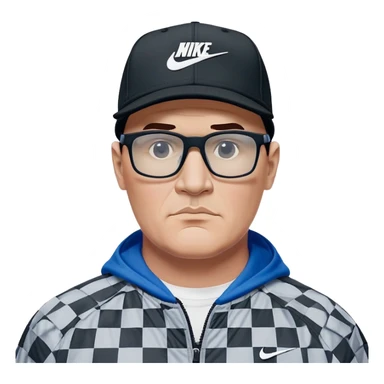 50-year-old heavyset man with very wide face and prominent square jawline wearing a black Nike baseball cap with visible Nike swoosh logo. Large dark square glasses. Serious-relaxed expression. Light gray jacket that fits his larger frame, white shirt with blue checkered pattern. sticker