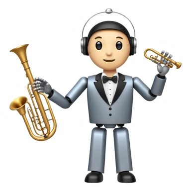 robot a sophisticated and elegant emoji that represents orchestration and arrangement. The design should feature a conductor’s baton, musical notes, and a symphonic score, symbolizing the process of arranging and orchestrating music. Incorporate instruments like a violin, trumpet, sticker