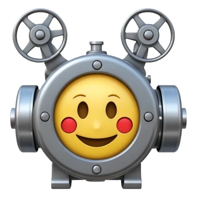 Industrial mechanical motor with a smiley face, emoji for the new electric music genre Motor breaks must be friendly and sellable must be small but clear child friendly, ready to use as a logo sticker