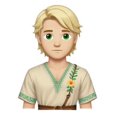 Medieval summer outfit worn by a DnD themed fantasy male character. Light cotton tunic in natural cream color with short sleeves, embroidered with simple floral patterns at the hem, paired with a thin leather belt. Clothes only above the waist, full waist coverage. The character has no arms. Character is white-skinned with sun-bleached blonde hair in shoulder-length layers, partially tied back with a leather cord, sea-green eyes, and defined cheekbones. sticker