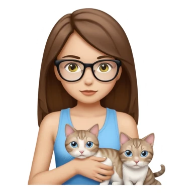 iOS-style emoji of a light-skinned girl with straight medium brown hair, black glasses and a white tank top, holding two cats: one white with yellow eyes and one gray tabby Siamese with blue eyes. sticker