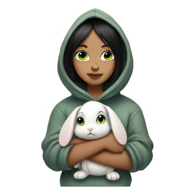 Girl with black straight bob hair, green eyes and nose piercing hugging a bunny in a hoodie  sticker