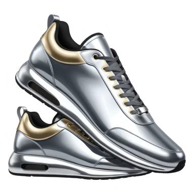 A pair of futuristic sneakers emoji made of silver chrome, sleek streetwear design, smooth metallic panels, subtle reflections, luxury swag aesthetic, iOS emoji style, centered, clean white background sticker