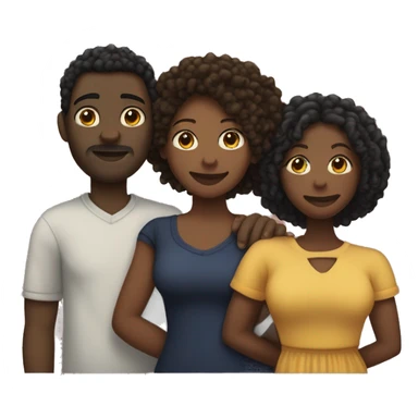 A throuple, with one tall large light skinned black man with dreadlocks, a dark skinned large woman with short afro hair, and a dark skinned nonbinary with short locks, embracing each other, heart emoji sticker