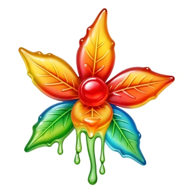 generate an emoji-style image of a juicy gummy shaped like a marijuana flower, make it colorful and with liquid dripping out sticker
