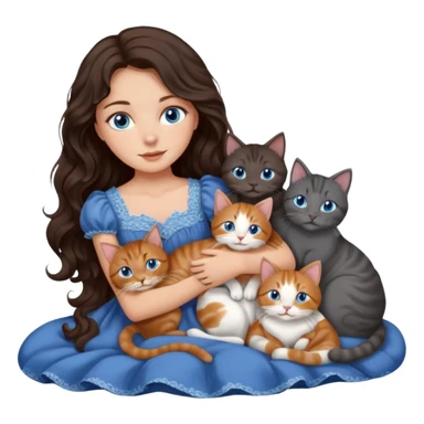 detailed realistic looking a dark grey and white cat regally laying with six other cats, cuddling with their owner in bed who is a pretty bratz lightly tanned white girl with long dark brown hair, blue eyes and gorgeous long wavy hair wearing a pretty detailed dress sticker