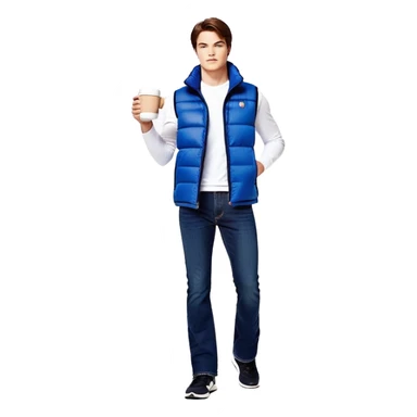 full body man with long sleeve white shirt with blue puffer winter vest with no pockets wearing straight long boot cut levi blue jeans with no cuffs and black tennis shoes holding a coffee mug in one hand directly in front of him at his chest and nothing in the other hand with his weight on one leg sticker