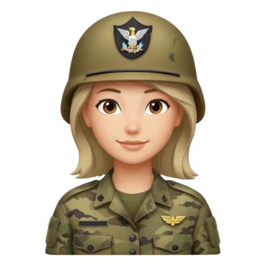 Female soldier emoji in Apple style, no cap/helmet, bust portrait, gentle smile, generic camo, hair visible, soft gradients, transparent PNG sticker