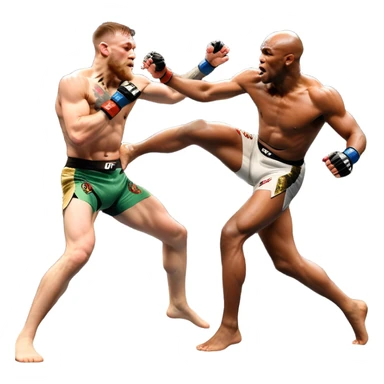 An MMA showdown between Conor McGregor and Anderson Silva in the octagon. McGregor is executing a jumping strike, while Silva skillfully deflects the attack. The background shows the UFC octagon with roaring fans and vibrant energy. Transparent background. sticker