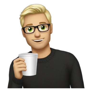 Blonde man green eyes in black jumper with clear glasses holding a white coffee cup sticker