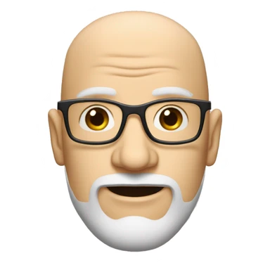 bald white man with a large wrinkled forehead, thin square glasses and a beard connected above and below, always white sticker