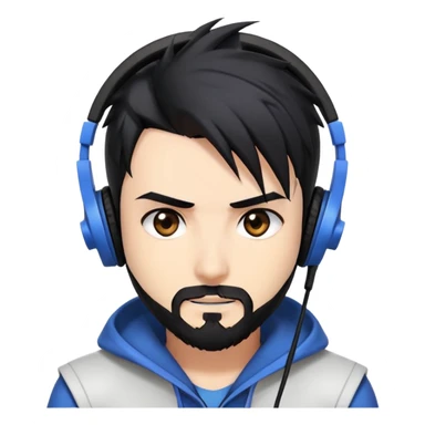 Highly detailed anime-style man with spiky black hair, expressive brown eyes, neat black beard, wearing professional gaming headphones, sharp facial features, anime shading and highlights sticker
