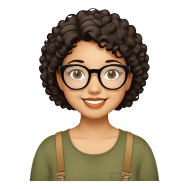 Woman in her 20s with caramel skin tone. Cheerful round face with chubby cheeks. Brown eyes behind thick black glasses. Voluminous short curly hair. Wide smile with dimples. Wearing olive green shirt with wide straps. sticker