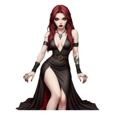 Lilith symbol red eye seductress evil long brown haired sexy succubus woman with leather long dress with slit, sitting in Big Large F350 pickup truck. Black Platform high heels on feet. Tattoo sleeve arms, seat full of stacks of cash, and a man dead human skull of her enemies and a gun in other hand sticker