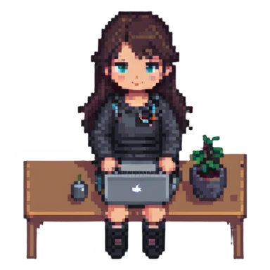 girl working on a MacBook, pixel art style sticker