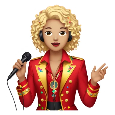 Create a vibrant and dynamic emoji that represents pop or stage vocal performance. The design should feature a close-up of a classic stage microphone (retro-style) with a lanyard, set against a stage background without people. Add concert lighting, a celebratory salute of confetti or fireworks in the background, and musical notes forming a ribbon, symbolizing the performance and creativity of pop vocals. Include subtle elements like a formal stage costume to emphasize the professional aspect. Use bright, bold colors like gold, red, and neon to reflect the energetic and glamorous nature of pop vocal performance. The background should be transparent. sticker