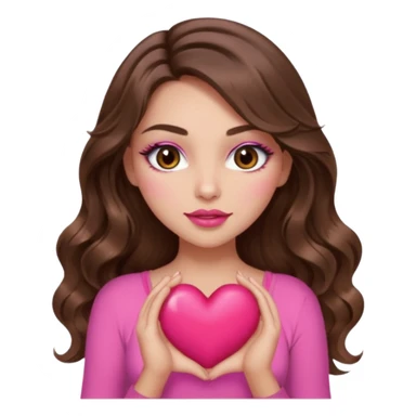 girl with long wavy brown hair, brown eyes, long lashes makeup, sexy pink lips, light to medium complexion, wearing a pink sexy top, squeezing a big heart sticker