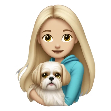 Girl with long blonde hair, freckles, and blue/green eyes holding an all beige shih tzu dog  sticker