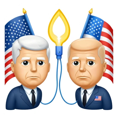 symbolic hot wire connecting Russia and USA with Russian and US flags at each end, glowing wire in the middle, cartoon faces of John F. Kennedy and Nikita Khrushchev on each side, tense Cold War atmosphere sticker
