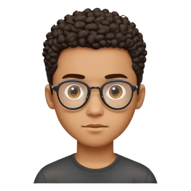 Young Latino man with small oval face, big forehead, aviator glasses, shaved sides with short curly hair on top, neutral-friendly expression, brown skin, black t-shirt sticker