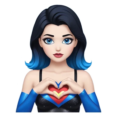 very very very large chest-hands heart emoji-tall-stunning beautiful face-black leggings-hands making heart emoji-glitter lips-very long straight-dark-black to blue ombre hair-and-blue-eyes-thick-black-eyeliner-thick-long-eyelashes-sky blue with glitter superman logo bra sticker