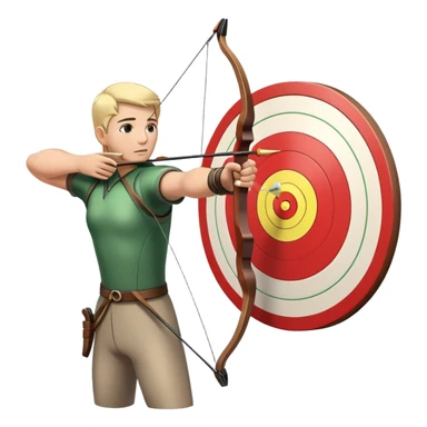 An archer pulling back a bowstring, aiming at a target in the distance. The target features concentric rings, and the scene conveys focus and precision. The background captures the essence of an outdoor archery range, highlighting skill and concentration in the sport. sticker