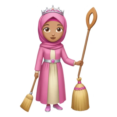 Full body girl caramel skin wearing pink hijab a cream satin set and a tiara on top of her head she is standing holding a broom sticker