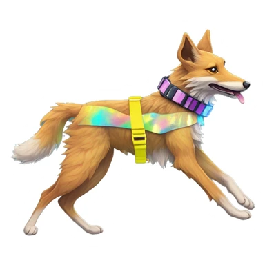  brindle fluffy lurcher Alsatian fox running blue eyes fluffy ears and iridescent holographic oilslick harness wearing paper iridescent tropical flower crown yellow caution tape neon sign sticker