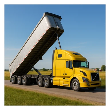 photorealistic Volvo yellow semi sleeper truck with a long silver end dump trailer, trailer raised in dumping position, side view, driving left in a realistic country landscape with open fields and distant barns, sunny day sticker