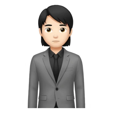 asian young man with long black hair middle part haircut in grey blazer and black t-shirt  sticker