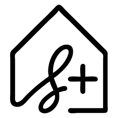 stylized house silhouette formed by a combination of a signature and a plus sign, elegant and minimal, logo-like sticker