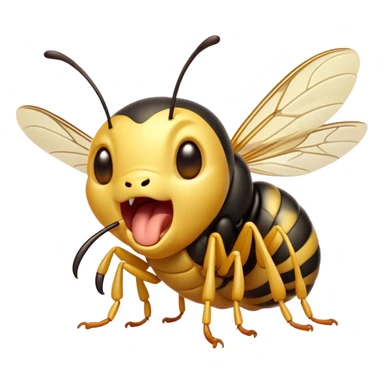 Cinematic Adorable Yawning Wasp Portrait Emoji, Head tilted slightly with a dramatic, wide-open yawn, showcasing a tiny, streamlined body with gently drooping wings and sleepy, half-closed eyes, Simplified yet irresistibly cute features, highly detailed, glowing with a soft, cozy glow, high shine, relaxed yet expressive, stylized with a dash of whimsical insect ease, soft glowing outline, capturing the essence of a drowsy wasp that appears ready to stretch and yawn its way out of the screen! sticker