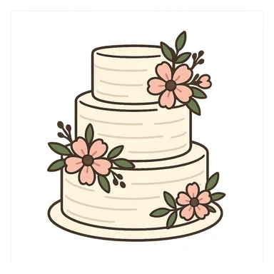 flat toon white buttercream three-tiered wedding cake with flowers sticker