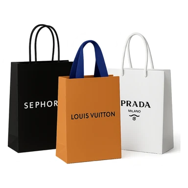 three shopping bags, one with Sephora, one with Louis Vuitton, one with Prada, high-end retail vibe sticker