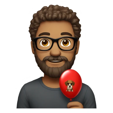 Heavy white young dad, with a big brown beard and black rectangle glasses and brown hair he’s holding a red balloon animal shaped like a dog sticker